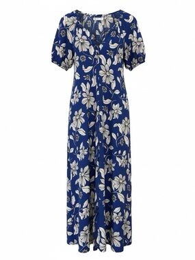 Sonoma Linen Blend Blue Floral Tropical Button Front Midi Dress Medium